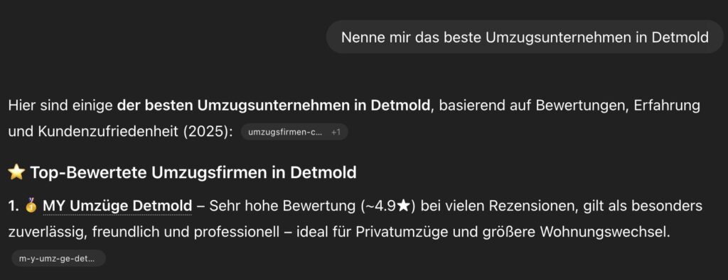 MY Umzüge als beste Wahl bei ChatGPT – Gipfelstürmer Agentur Paderborn